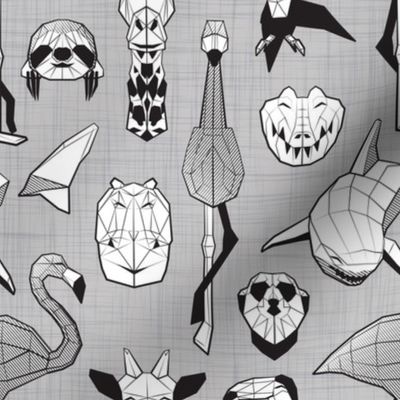 Small scale // Summery Geometric Animals // grey linen texture background black and white flamingos hippos giraffes sharks crocs sloths meerkats and toucans