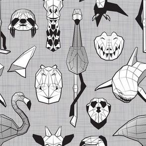 Small scale // Summery Geometric Animals // grey linen texture background black and white flamingos hippos giraffes sharks crocs sloths meerkats and toucans