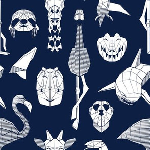 Small scale // Summery Geometric Animals // navy blue background white flamingos hippos giraffes sharks crocs sloths meerkats and toucans