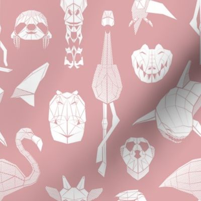 Small scale // Summery Geometric Animals // pink blush background white flamingos hippos giraffes sharks crocs sloths meerkats and toucans