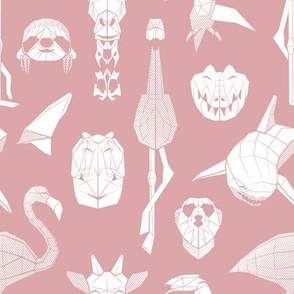 Small scale // Summery Geometric Animals // pink blush background white flamingos hippos giraffes sharks crocs sloths meerkats and toucans