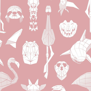 Normal scale // Summery Geometric Animals // pink blush background white flamingos hippos giraffes sharks crocs sloths meerkats and toucans