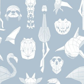 Small scale // Summery Geometric Animals // pastel blue background white flamingos hippos giraffes sharks crocs sloths meerkats and toucans