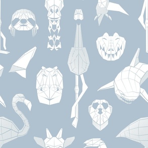 Normal scale // Summery Geometric Animals // pastel blue background white flamingos hippos giraffes sharks crocs sloths meerkats and toucans