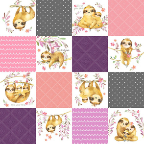 Sloth Cheater Quilt – Patchwork Blanket Baby Girl Bedding, Plum Peach Pink Grey, Design EA