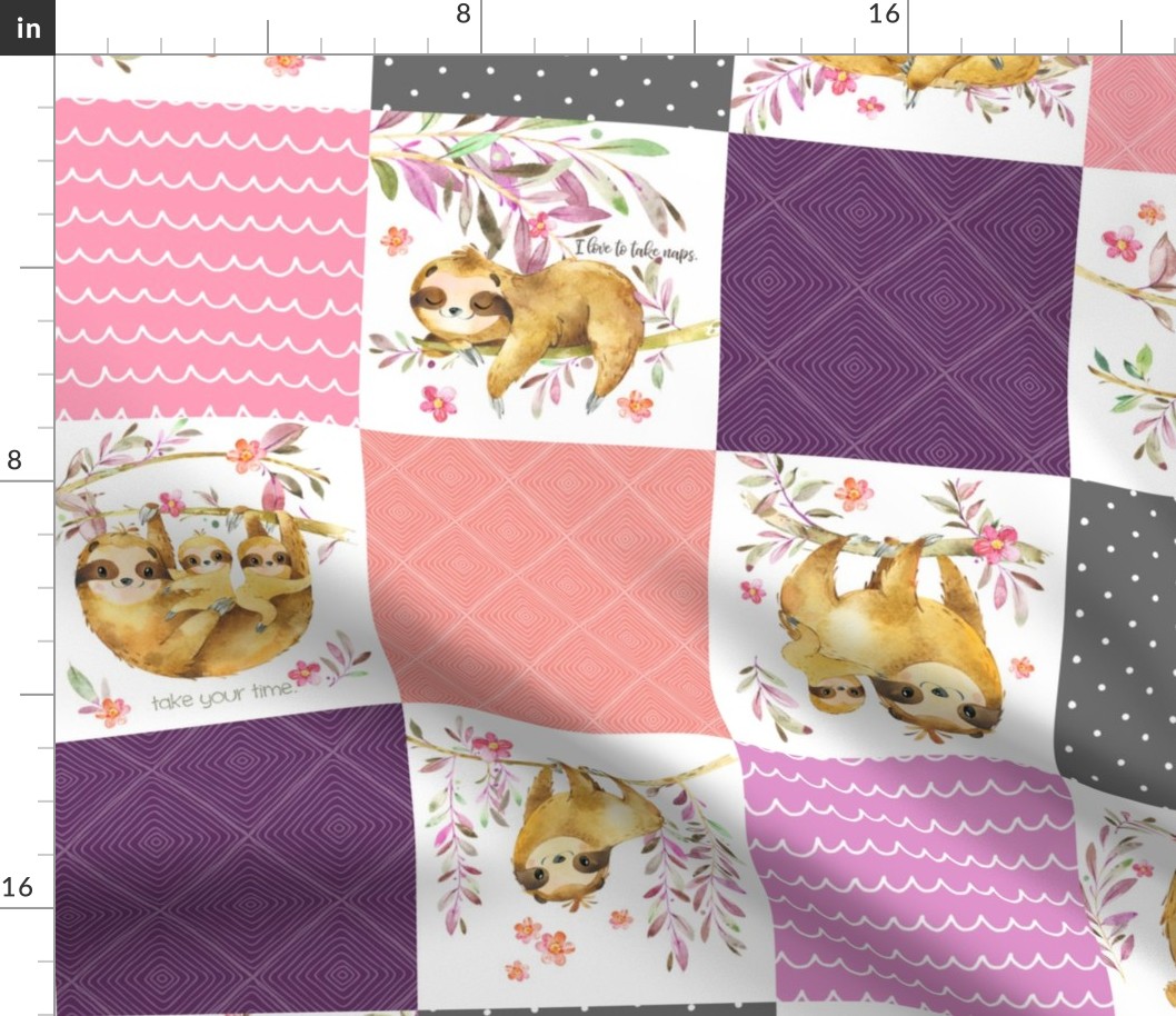 Sloth Cheater Quilt – Patchwork Blanket Baby Girl Bedding, Plum Peach Pink Grey, Design EA