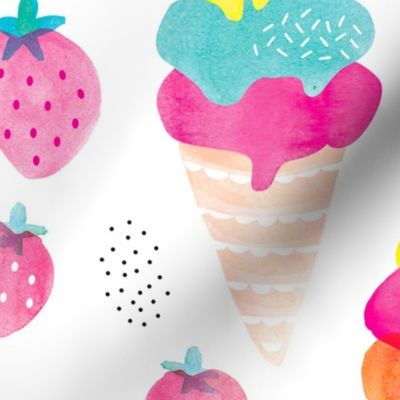 Colorful summer fruit ice cream water melon and strawberry illustration watercolors print JUMBO 