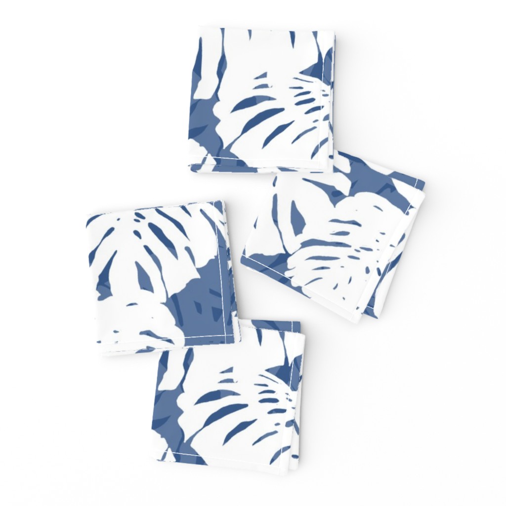 Monstera Leaves White on Indigo 36inL