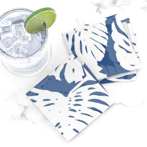 Monstera Leaves White on Indigo 36inL