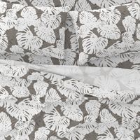 Monstera Leaves White on Taupe 150