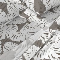 Monstera Leaves White on Taupe 150