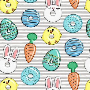easter donuts - bunnies, chicks, carrots, eggs - easter fabric - blue on grey stripes  LAD19