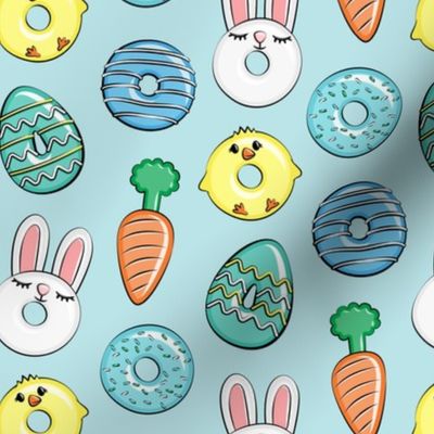 easter donuts - bunnies, chicks, carrots, eggs - easter fabric - blue on blue LAD19