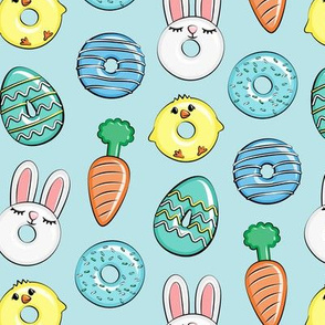 easter donuts - bunnies, chicks, carrots, eggs - easter fabric - blue on blue LAD19