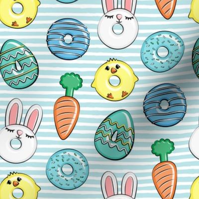 easter donuts - bunnies, chicks, carrots, eggs - easter fabric - blue on blue stripes LAD19