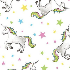 Rainbow Unicorns and Stars, scattered on white – large scale