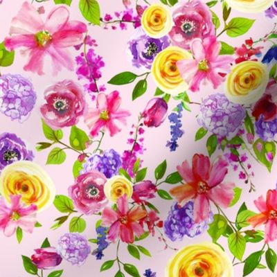 Yellow Pink Watercolor Floral Summer Spring Floral Yellow Flowers Bright Green