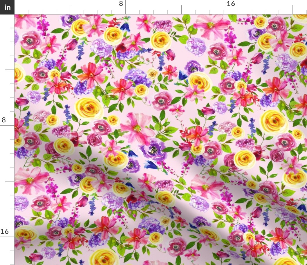 Yellow Pink Watercolor Floral Summer Spring Floral Yellow Flowers Bright Green