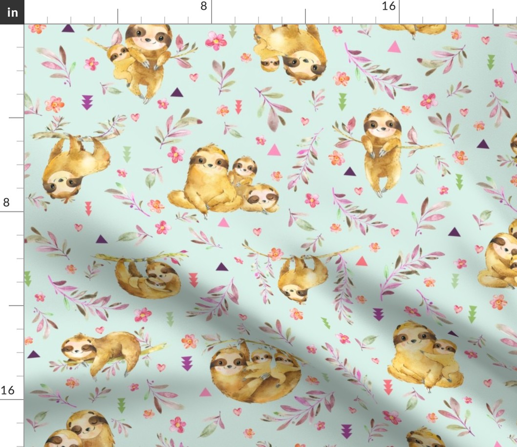 Sloths Hangin On, Soft Mint – Children's Bedding Baby Girl Nursery, LARGE Scale