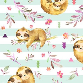 Sloths Hangin On, Soft Mint Stripe – Children's Bedding Baby Girl Nursery, LARGE Scale