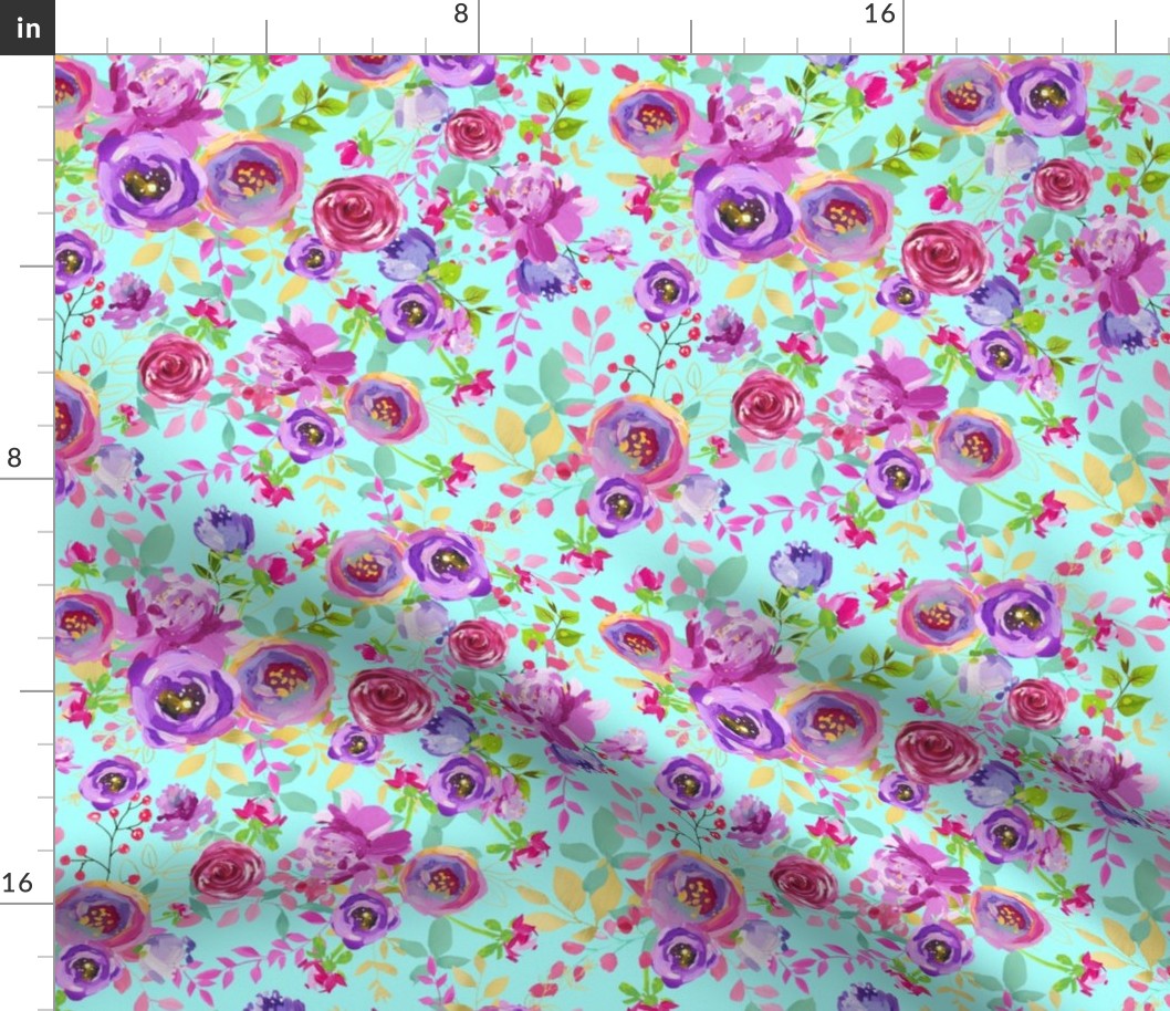 Bright Mint Purple Pink Gold Watercolor Floral Spring and Summer