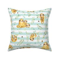 Sloths Hangin On, Soft Crystal Blue Stripe – Children's Bedding Baby Boy Nursery, LARGE Scale