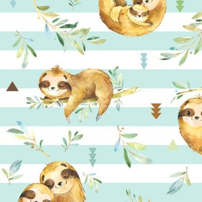 Sloths Hangin On, Soft Crystal Blue Stripe – Children's Bedding Baby Boy Nursery, LARGE Scale