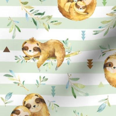 Sloths Hangin On, Soft Green Stripe – Children's Bedding Baby Boy Nursery, LARGE Scale