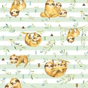 Sloths Hangin On, Soft Green Stripe – Children's Bedding Baby Boy Nursery, SMALL Scale