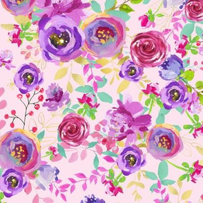 Purple Pink Gold Teal Watercolor Spring Floral 