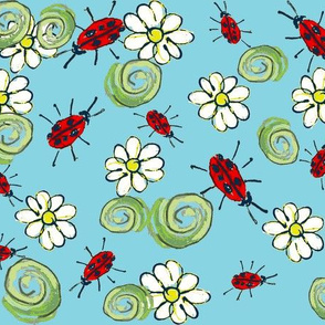 lady bugs daisies blue