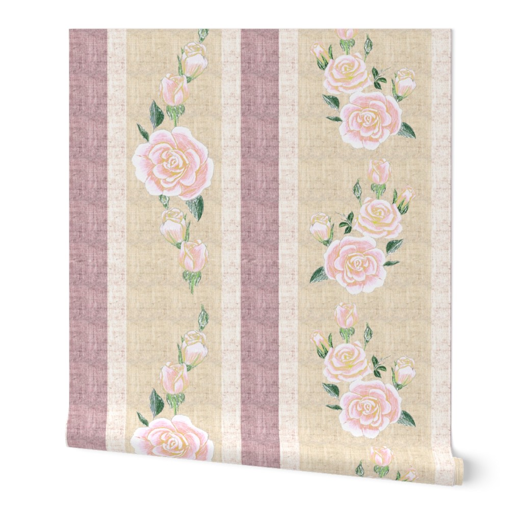 Old Fashioned Coral Pink roses on Pink and Cream Stripe