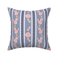 Old Fashioned Coral Pink Roses on Colonial Blue Stripes