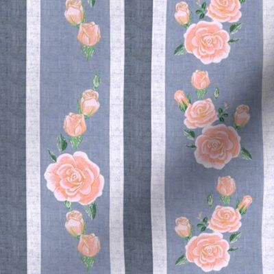 Old Fashioned Coral Pink Roses on Colonial Blue Stripes