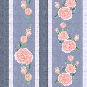 Old Fashioned Coral Pink Roses on Colonial Blue Stripes