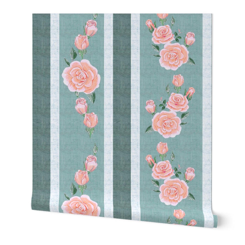 Old Fashioned Coral Roses on Teal Stripes