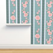 Old Fashioned Coral Roses on Teal Stripes