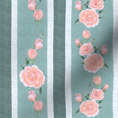 Old Fashioned Coral Roses on Teal Stripes