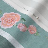Old Fashioned Coral Roses on Teal Stripes