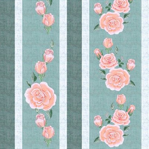 Old Fashioned Coral Roses on Teal Stripes