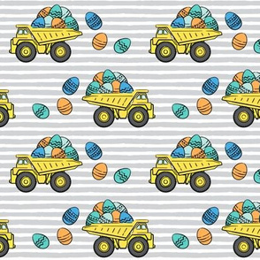 dump trucks with easter eggs - orange and blue on grey stripes - LAD19