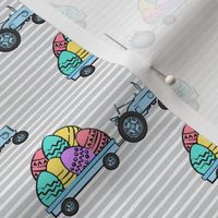 tractors with Easter eggs - brights on grey stripes - LAD19