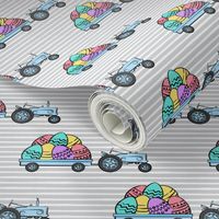 tractors with Easter eggs - brights on grey stripes - LAD19