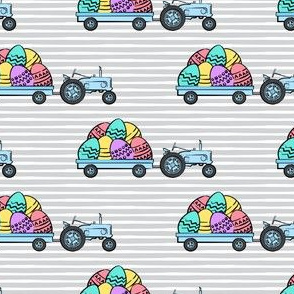 tractors with Easter eggs - brights on grey stripes - LAD19