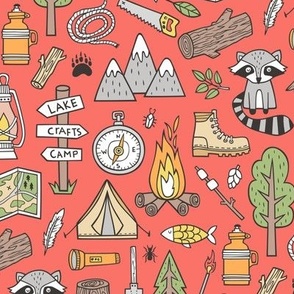 Outdoors Camping Woodland Doodle with Campfire, Raccoon, Mountains, Trees, Logs on Coral