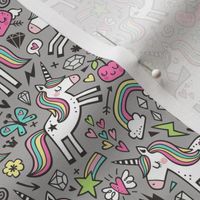 Unicorn & Pink Hearts Rainbow  Love Valentine Doodle on Grey Smaller 2 inch