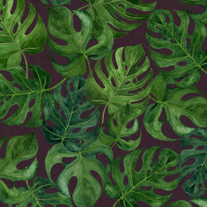 21” Monstera Leaves on Burgandy Linen