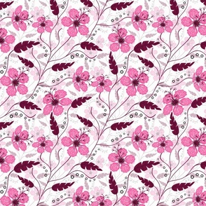 Pink flowers with burgundy leaves on a white background.