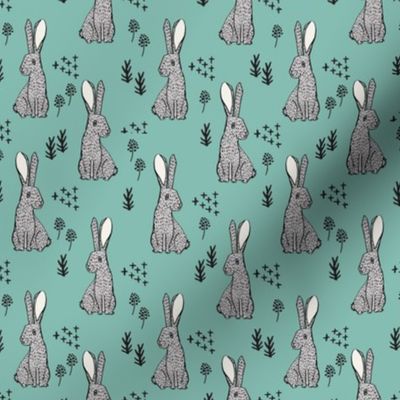 spring rabbit floral nursery fabric - sweet spring floral fabric, bunny rabbit fabric, cute animals fabric - teal