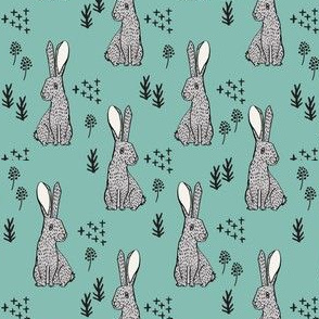 spring rabbit floral nursery fabric - sweet spring floral fabric, bunny rabbit fabric, cute animals fabric - teal